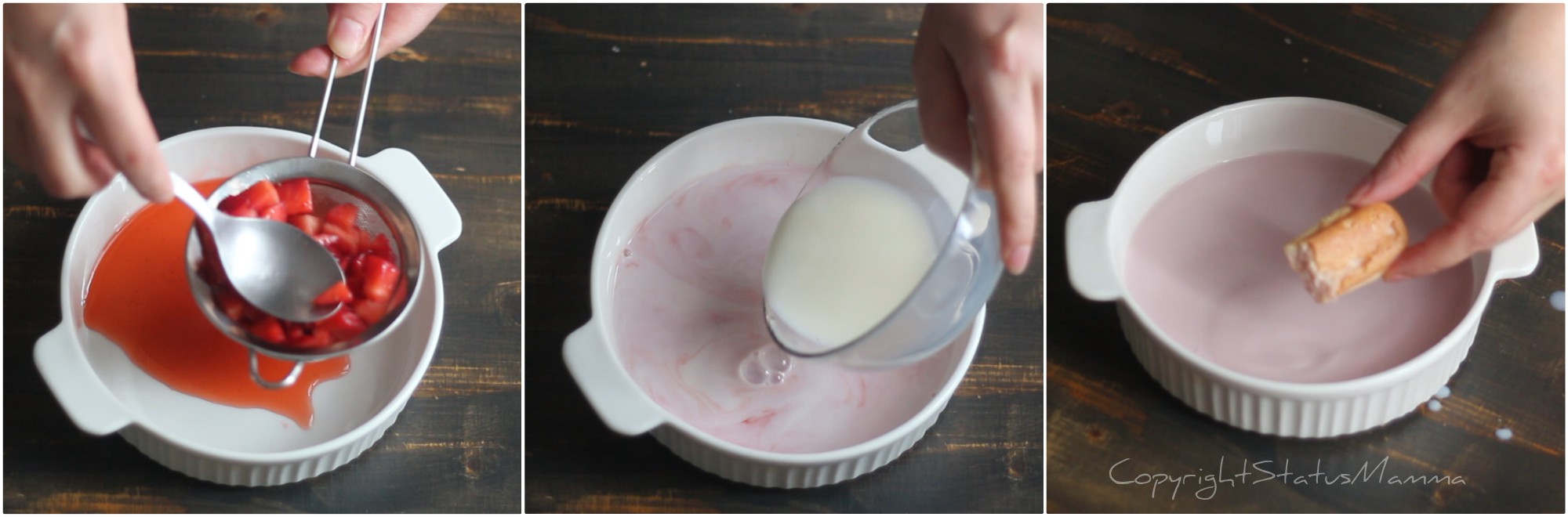 Prendete le fragole e filtratelo dal suo succo. Mettendolo in una ciotola, poi allungatelo con 1 bicchiere di latte.