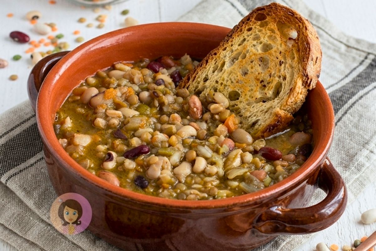 Zuppa di legumi mista con ceci, fagioli e lenticchie servita in una ciotola di terracotta con fette di pane abbrustolito orizzontale clouseup