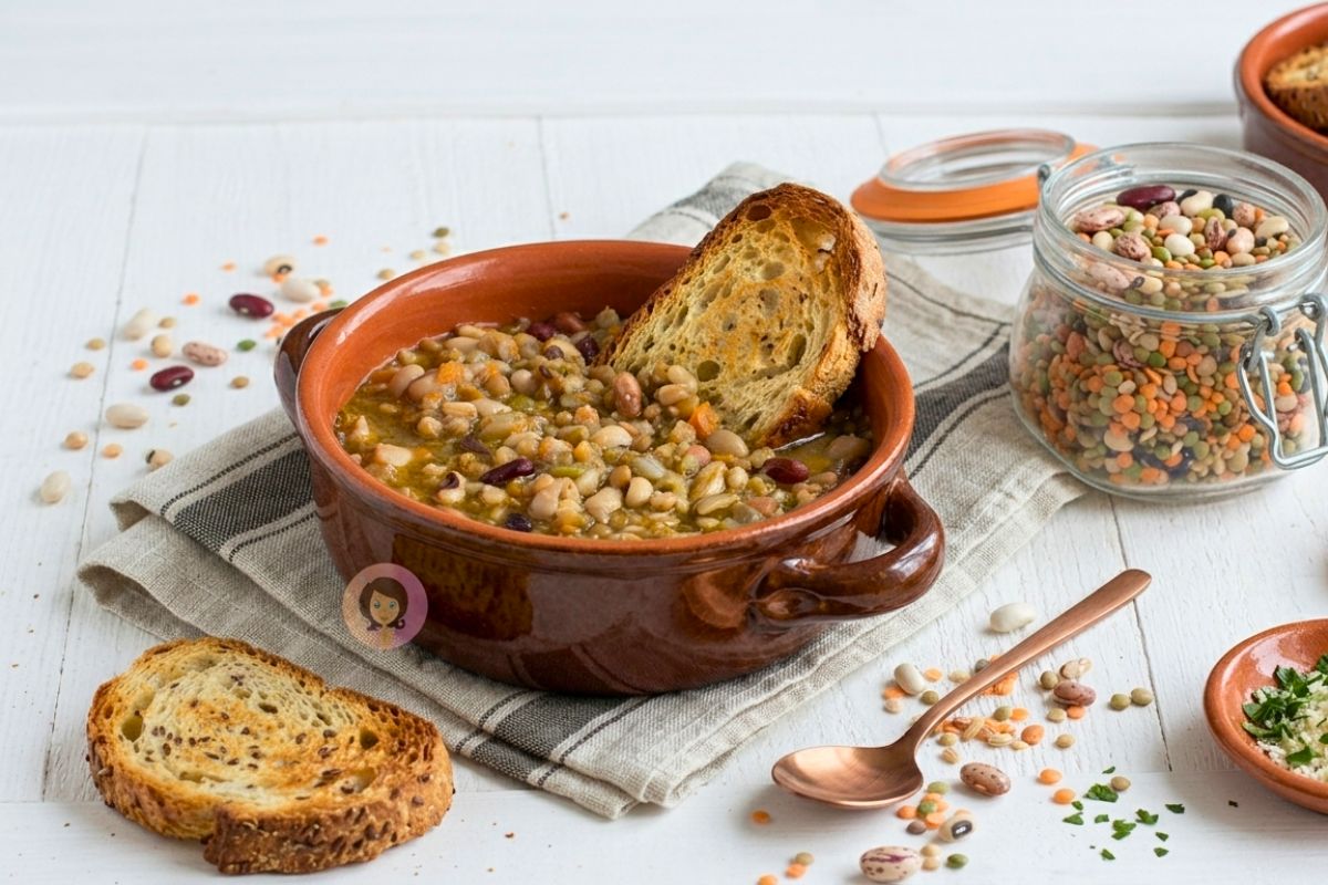 Zuppa di legumi mista con ceci, fagioli e lenticchie servita in una ciotola di terracotta con fette di pane abbrustolito
