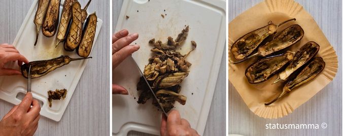 3. Svuota la polpa con un cucchiaio e tritala grossolanamente.
4. In una padella scalda un filo d’olio con gli spicchi d’aglio schiacciati, poi unisci la polpa tritata e falla rosolare qualche minuto. 2
