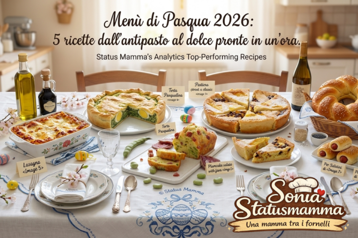 Tavola imbandita per Pasqua 2026 con menù completo di Status Mamma: lasagne bianche, torta pasqualina, plumcake salato fave e salame, rustici e pastiera napoletana.