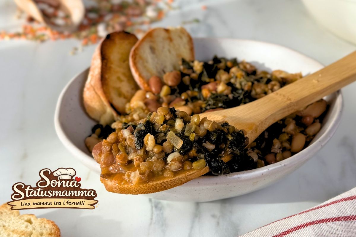 Minestra di cereali legumi con cavolo nero servita calda