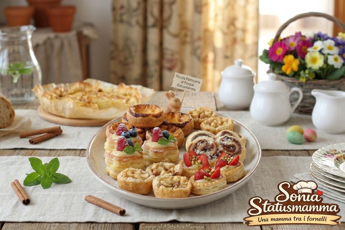 Vassoio di piccola pasticceria di Pasqua con pasta sfoglia e crema di Statusmamma