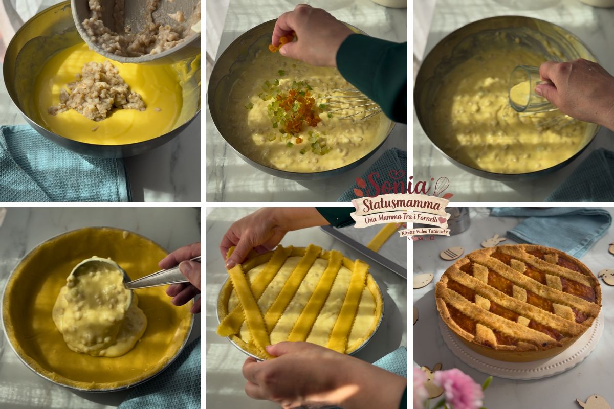 Decorazione finale della pastiera con strisce di frolla prima dell'infornata.