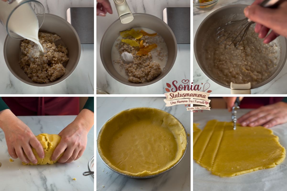 Panetto di frolla sabbiosa accanto al riso cotto nel latte denso e cremoso.