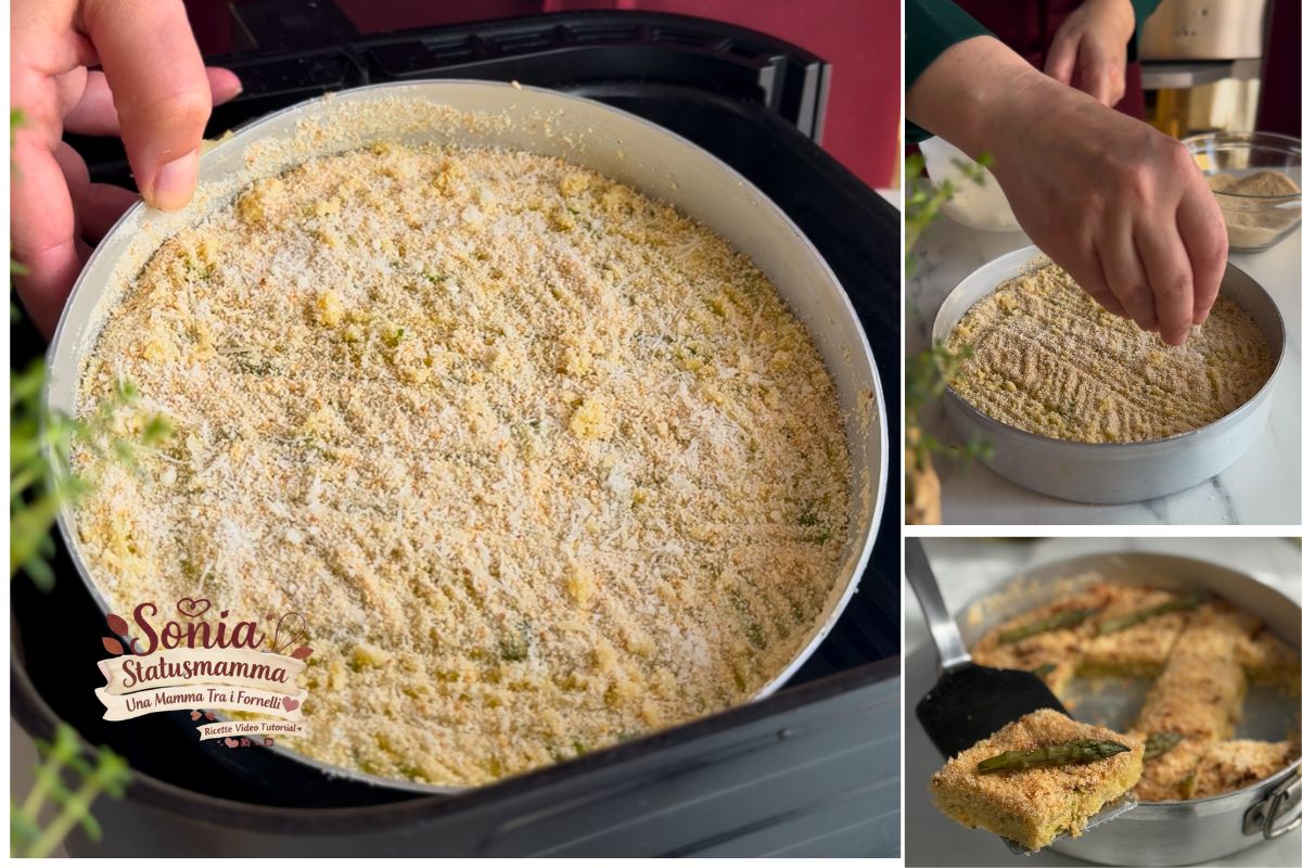 cottura e Decorazione della superficie del tortino asparagi in friggitrice ad aria con una forchetta