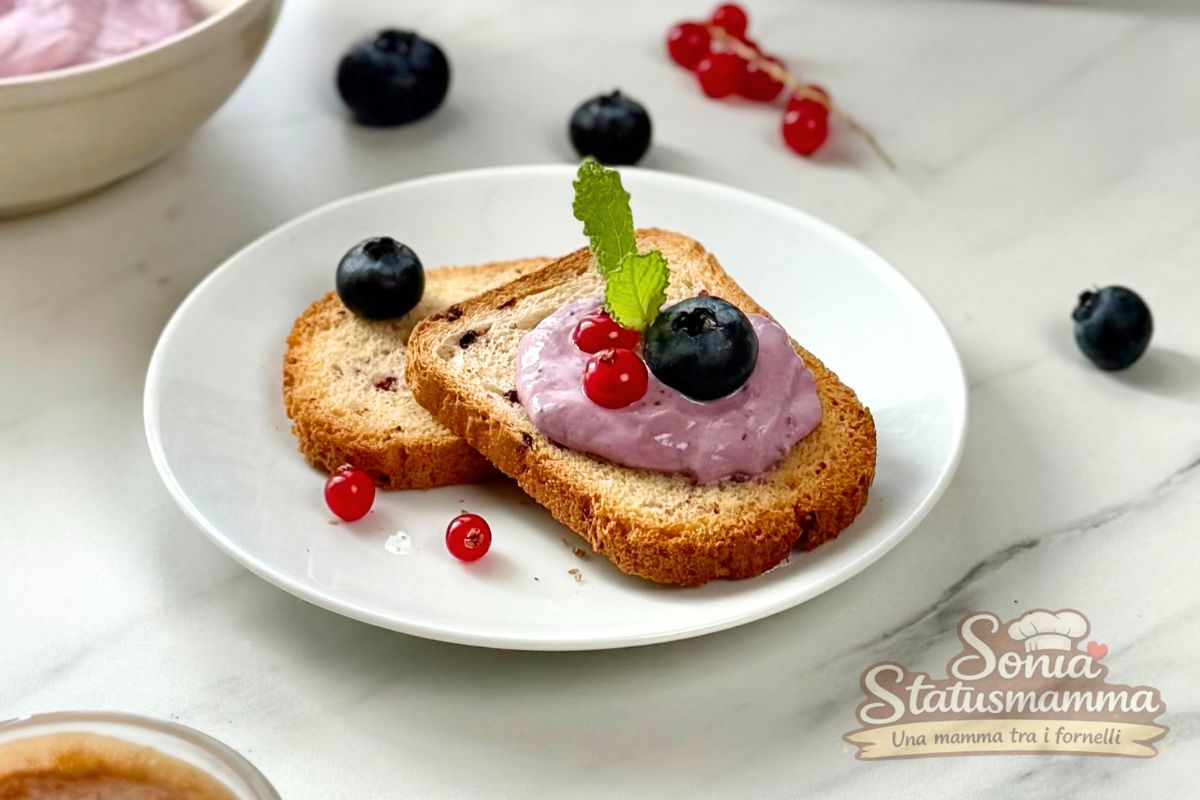 Fette biscottate ai frutti di bosco con yogurt greco ai mirtilli e ribes su tavolo di marmo