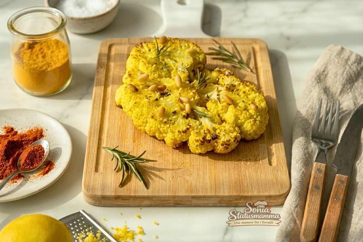 Bistecche di Cavolfiore Fette di bistecche di cavolfiore dorate e speziate alla curcuma e paprika cotte al vapore e abbrustolite servite su un piatto con scorza di limone orizzontale