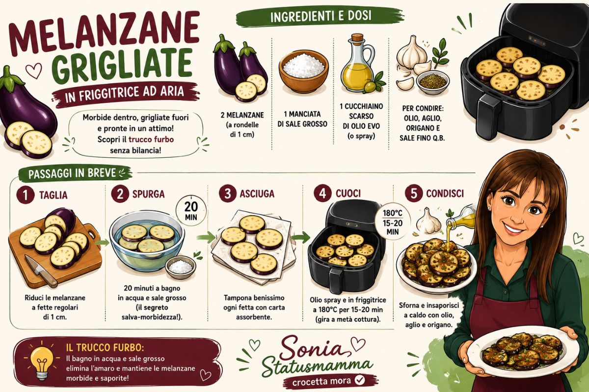 infografica della ricetta Melanzane grigliate in friggitrice ad aria facili come se fossero grigliate