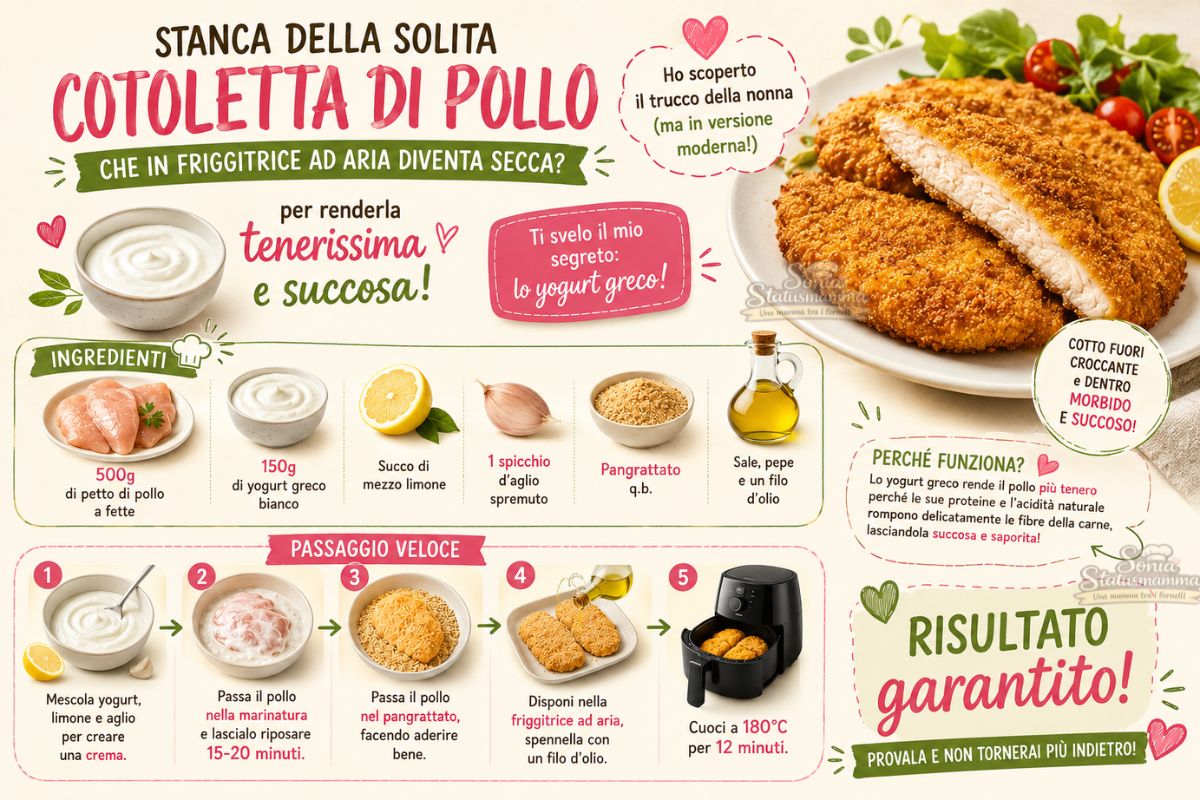 Cotolette di pollo allo yogurt croccanti preparate in casa infografica da salvare