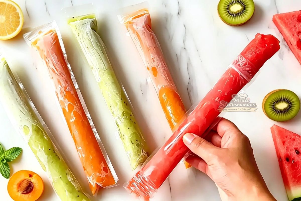Ghiaccioli nei Sacchetti fatti in casa stile Calippo foto orizzontale su tavola di marmo con frutta fresca intorno
