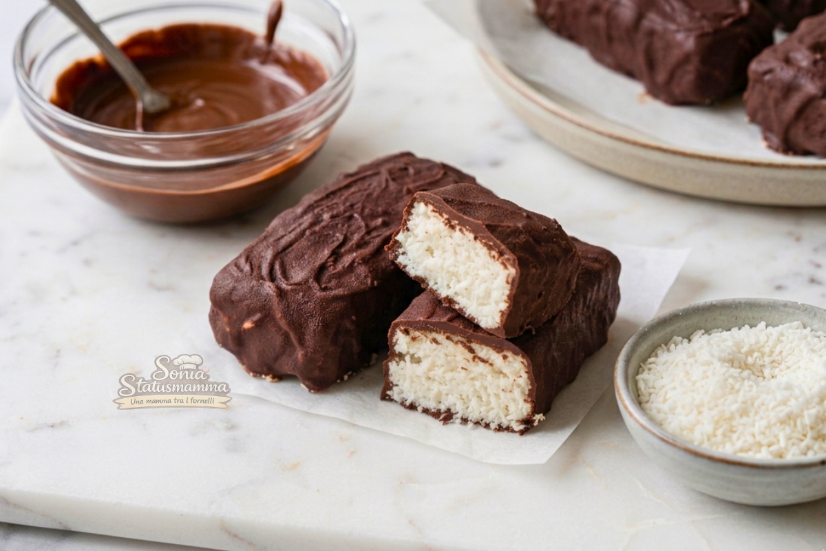 dolcetti al cocco e cioccolato scatto su un tavolo di marmo con ingredienti principali