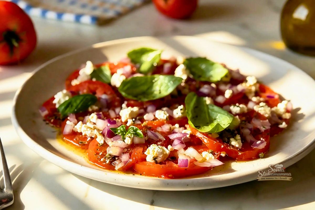 Carpaccio di Pomodori marinati con feta: il piatto furbissimo senza cottura