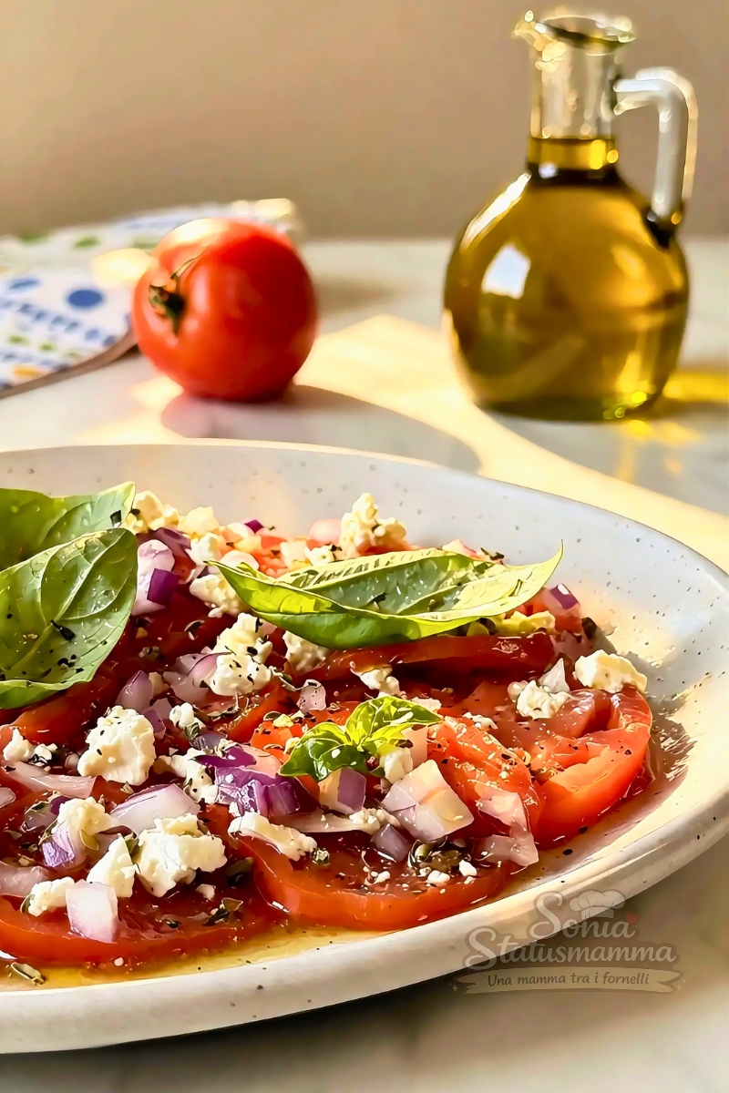 Carpaccio di Pomodori marinati con feta senza cottura scatto verticale ricetta statusmamma una mamma tra i fornelli