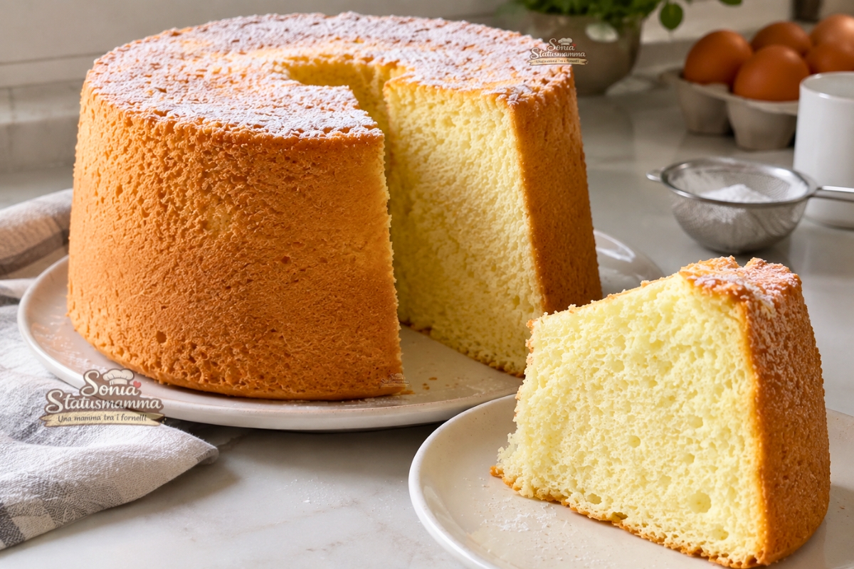 Chiffon cake altissima e soffice spolverizzata di zucchero a velo, con una fetta tagliata in primo piano su piatto da portata.