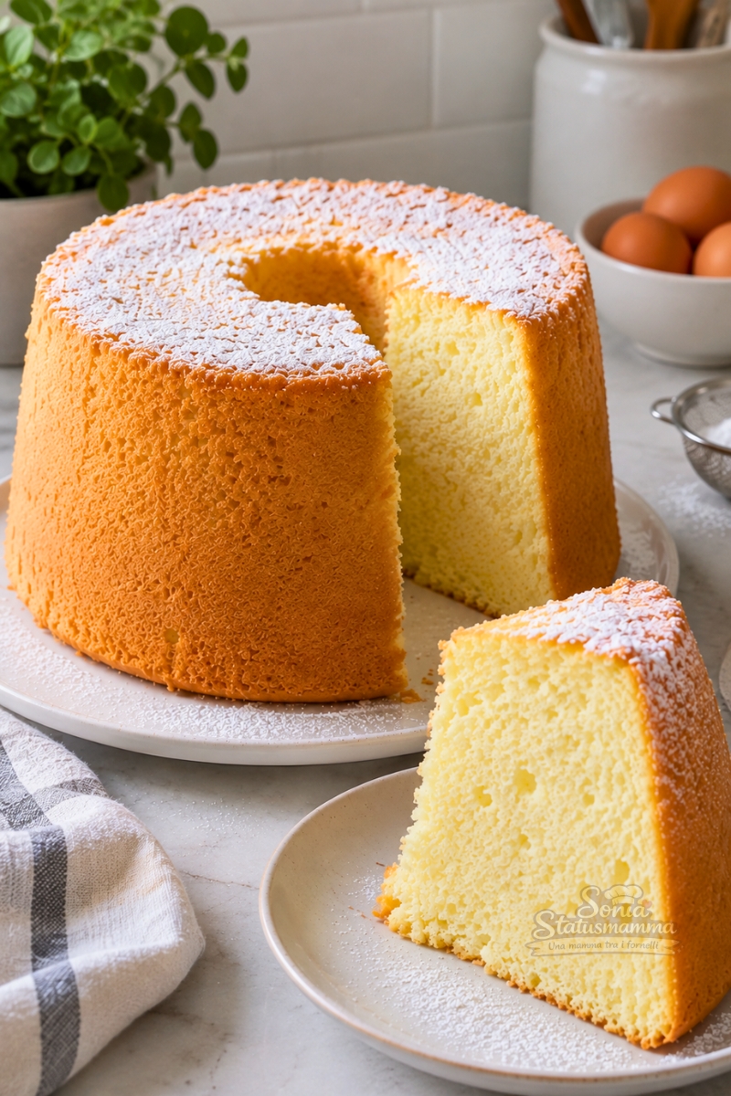 Chiffon cake classica soffice e dorata con zucchero a velo e fetta servita su piattino in cucina