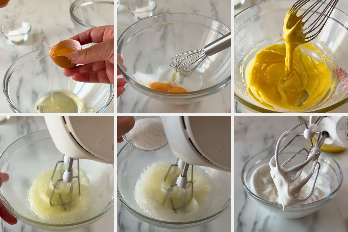 Passi passo per preparare l'impasto dei Japanese Soufflé Pancake: separazione uova, sbattitura tuorli e montatura albumi a neve