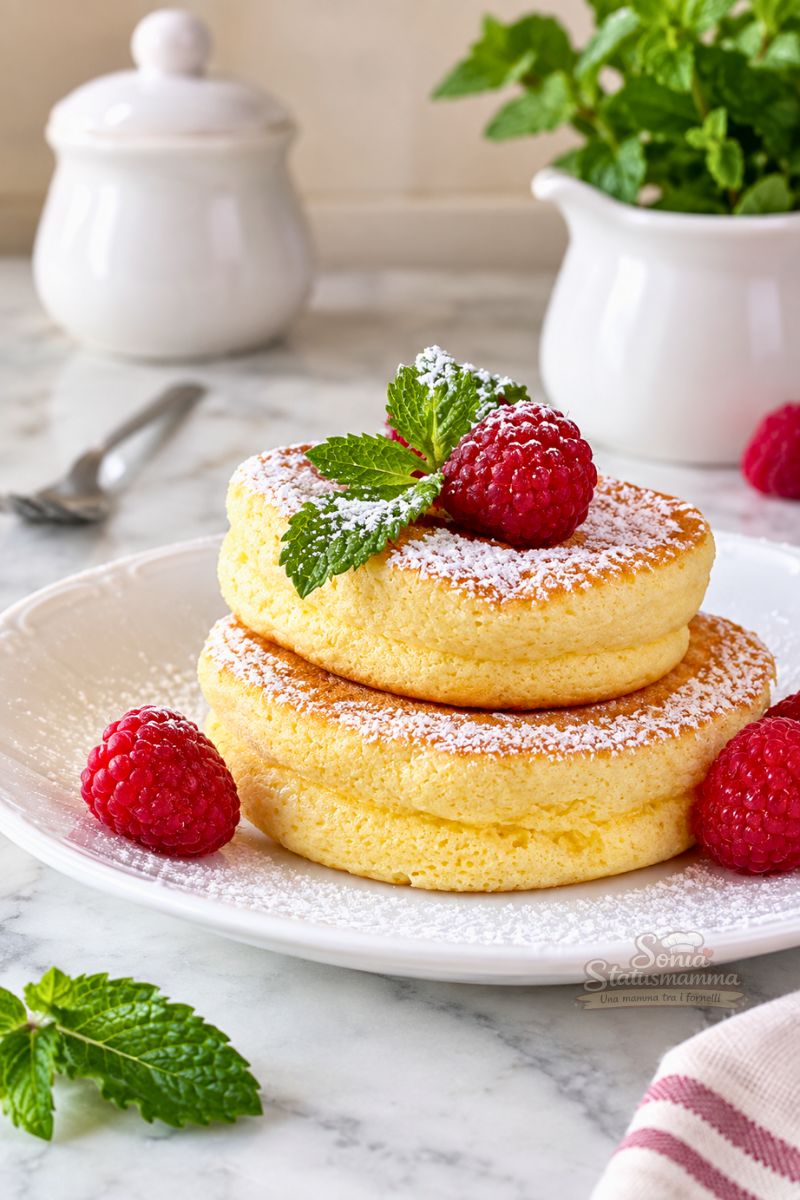 Japanese pancake soffici e alti con zucchero a velo, lamponi e menta su un piatto bianco