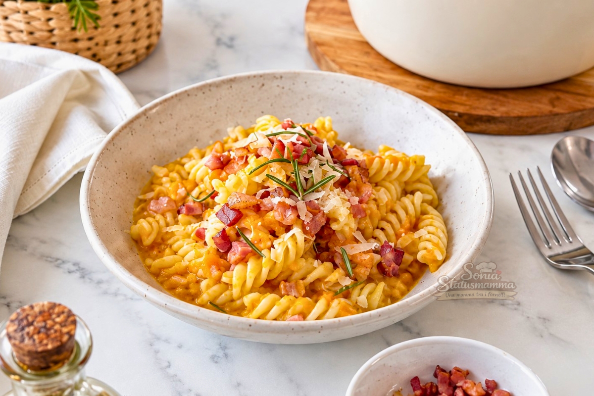 Piatto di pasta corta cremosa con zucca e speck croccante, mantecata con parmigiano e decorata con un rametto di rosmarino fresco 1