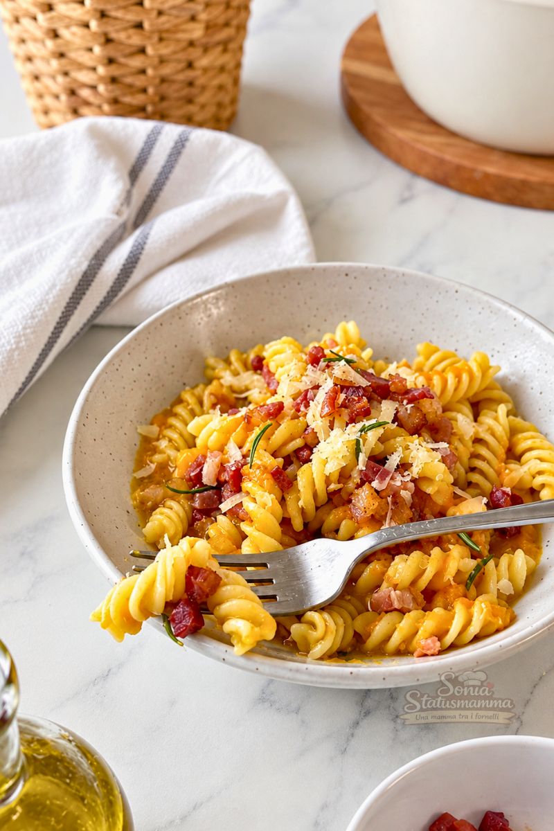 Primo piano di un piatto fondo con fumante pasta risottata alla crema di zucca, rifinita con listarelle di speck