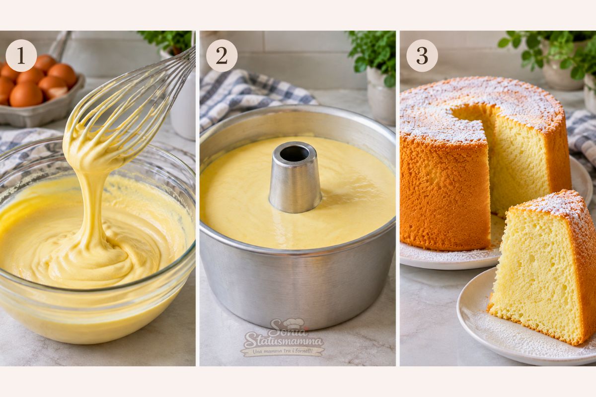 Tre fasi di preparazione della chiffon cake impasto montato con la frusta, impasto versato nello stampo americano e dolce cotto e tagliato a fette su piattino