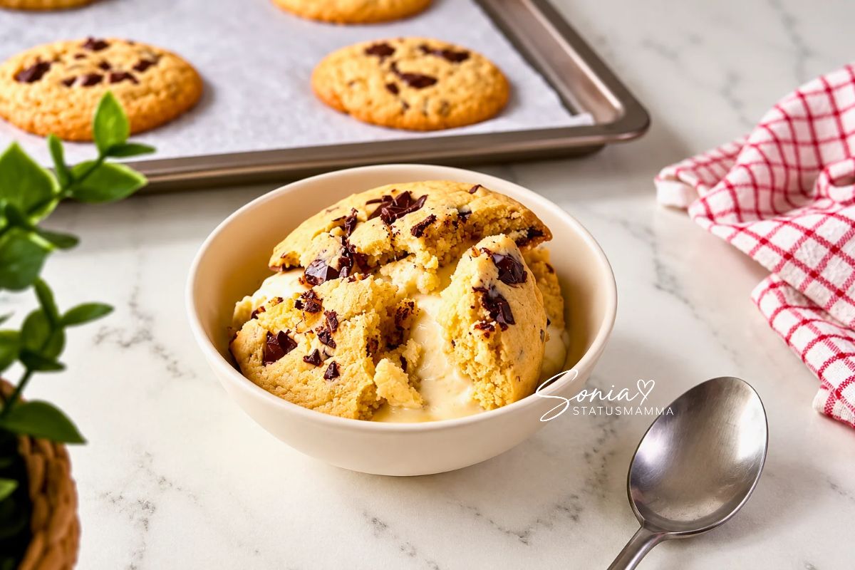 Maxi cookie caldo su gelato alla vaniglia