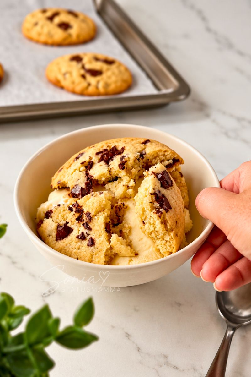 Maxi cookie caldo con gocce di cioccolato appena sfornato adagiato su una pallina di gelato in una ciotola