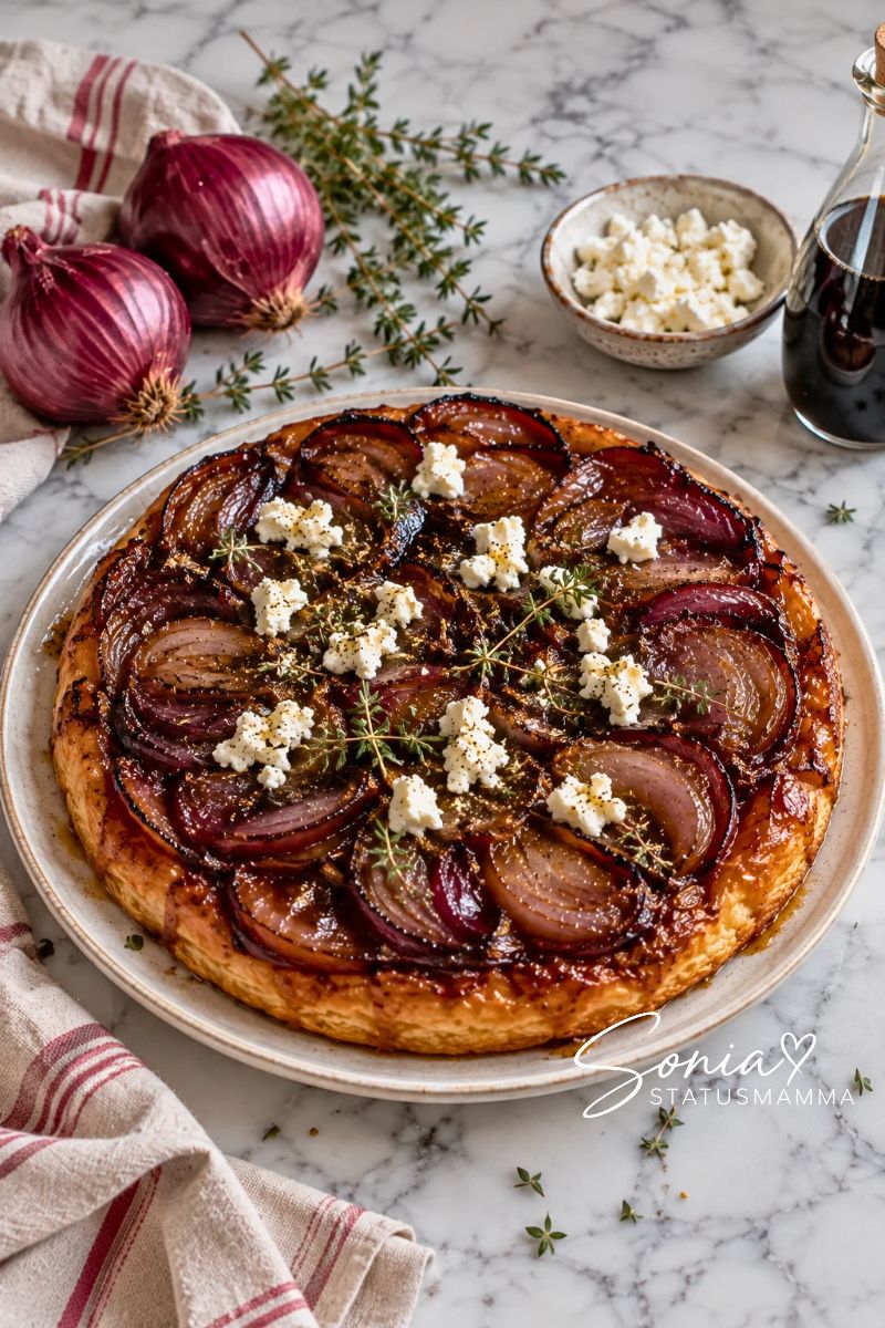 Primo piano ravvicinato di una Tarte Tatin rustica salata con cipolle rosse lucide, timo fresco e formaggio di capra
