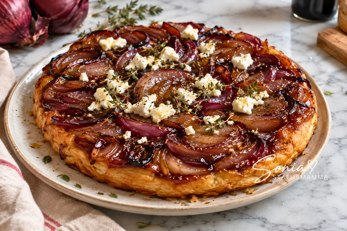 Tarte Tatin salata con cipolle rosse caramellate e fiocchi di caprino su un piatto di ceramica, con cipolle intere e timo sullo sfondo