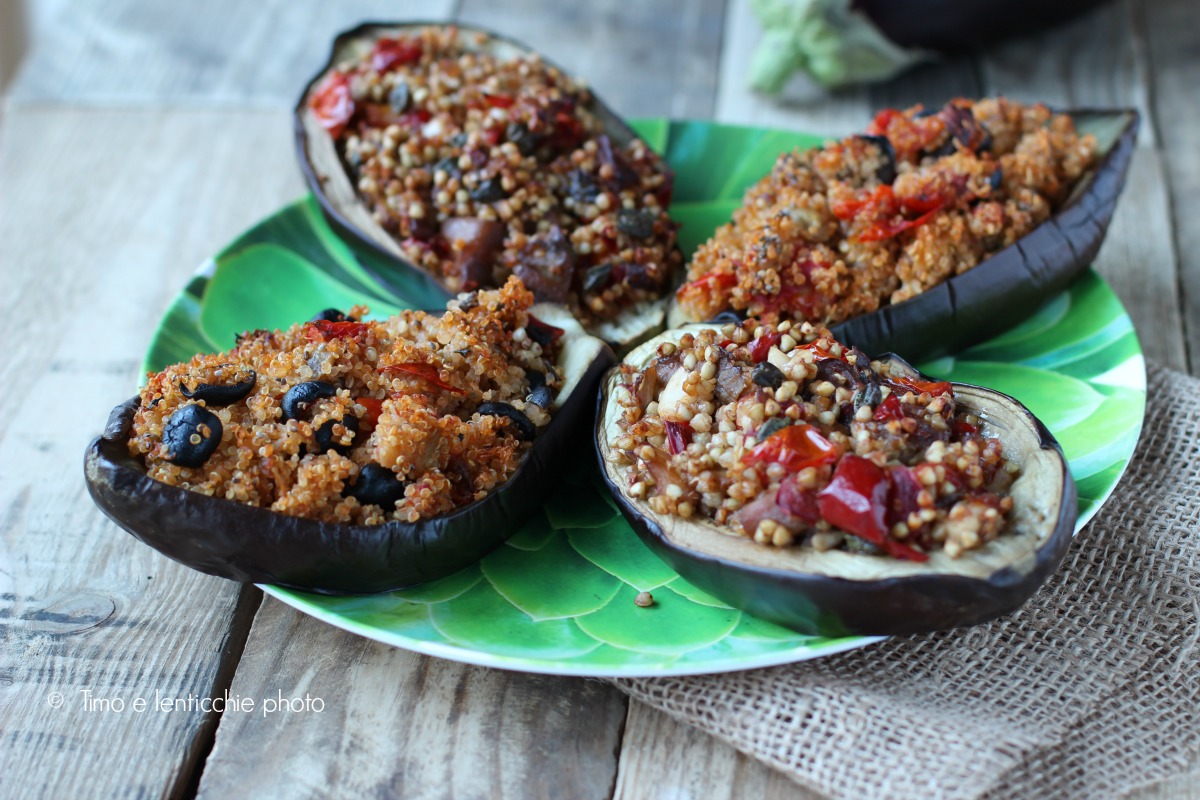 Melanzane ripiene al forno: due varianti con quinoa e grano saraceno