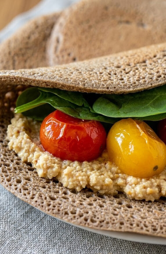 piadine di grano saraceno con pomodorini e hummus