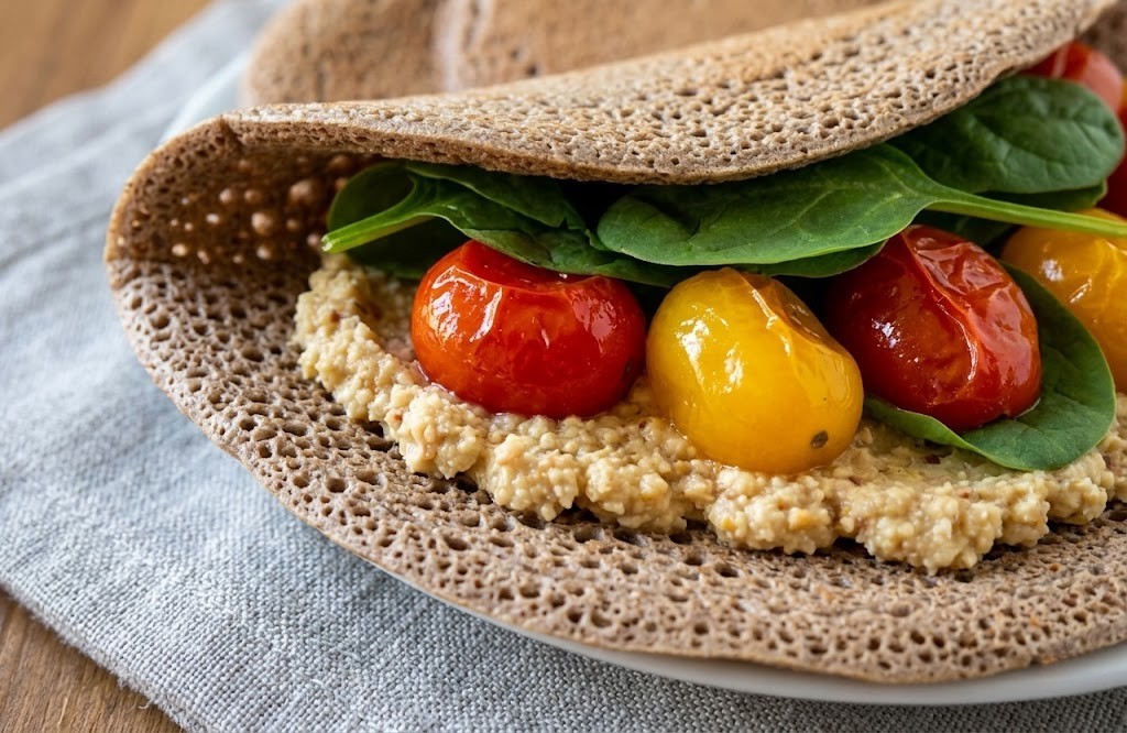 piadine di grano saraceno con pomodorini e hummus
