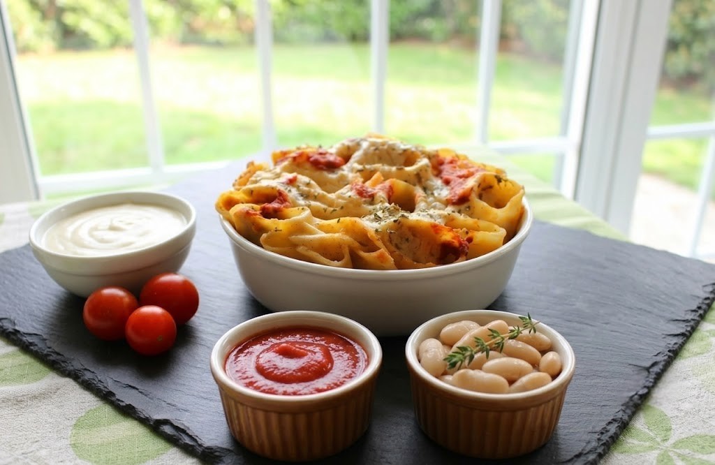 Paccheri integrali al forno cremosi con cannellini e besciamella vegana