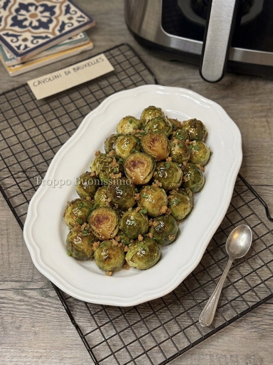 Piatto bianco con cavolini di Bruxelles interi e lucidi cotti in friggitrice ad aria con granella saporita