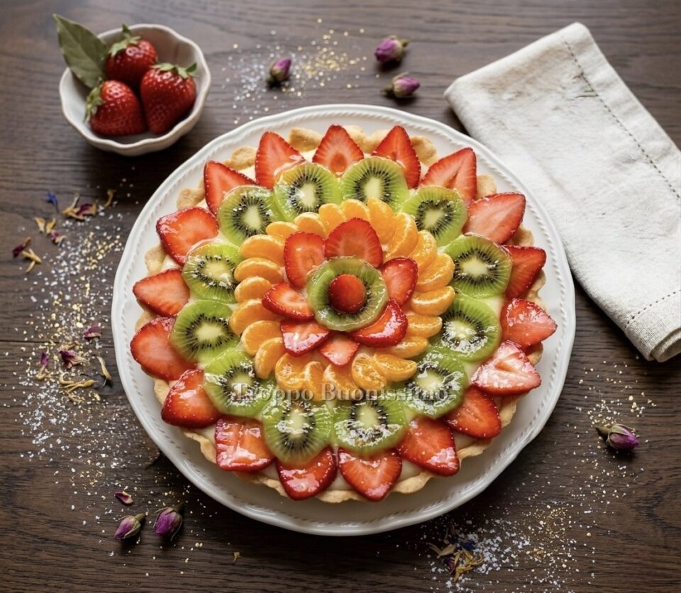 Crostata di frutta fresca con kiwi fragole e mandarini su crema pasticcera.