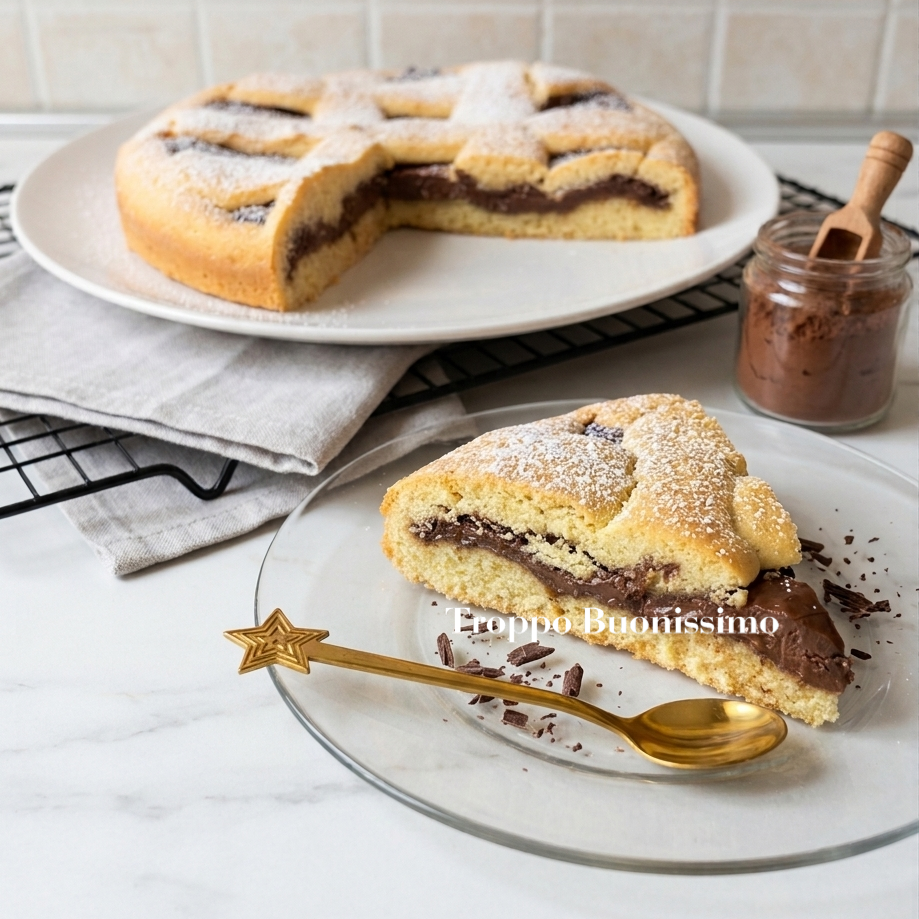 Crostorta con frolla morbida e crema spalmabile, decorata con righe con l'aiuto di sac à poche in teglia imburrata e infarinata
