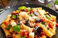 Pasta con melanzane, datterini e mozzarella