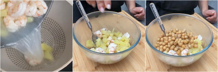 INSALATA DI PATATE CON GAMBERI E CECI ricetta di Natale e veloce, gustosa, leggera, semplice e buonissima, insalata delle feste