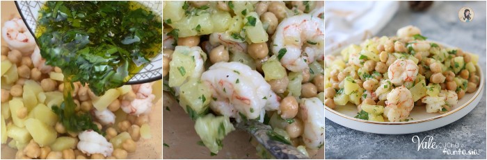 INSALATA DI PATATE CON GAMBERI E CECI ricetta di Natale e veloce, gustosa, leggera, semplice e buonissima, insalata delle feste
