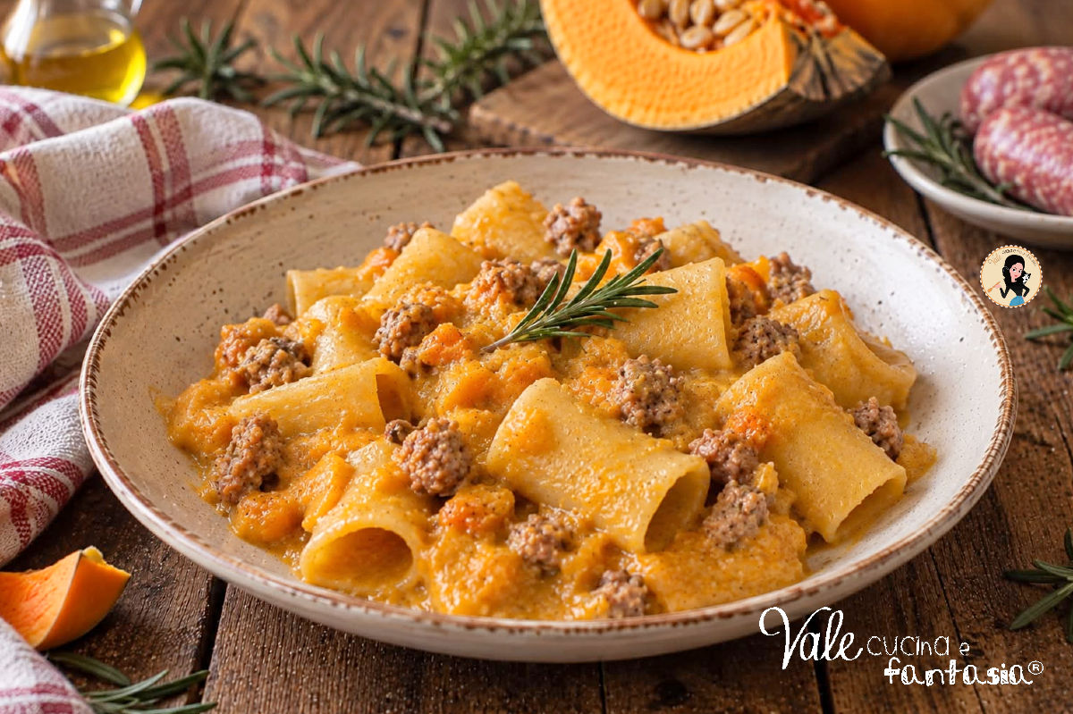 Pasta con crema di zucca e salsiccia ricetta cremosa e saporita senza panna facile con paccheri, zucca frullata e salsiccia rosolata.