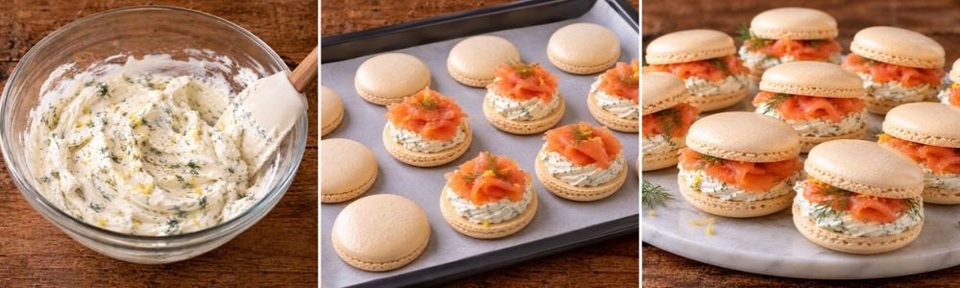 Macarons salati al salmone affumicato e formaggio cremoso ricetta elegante per la Vigilia, il pranzo di Natale e il cenone di Capodanno.