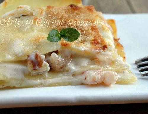 Lasagne gorgonzola e noci con gamberetti