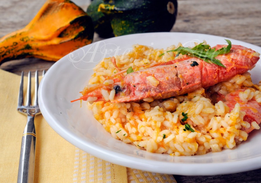 RISOTTO ALLO SPUMANTE con zucca e gamberoni
