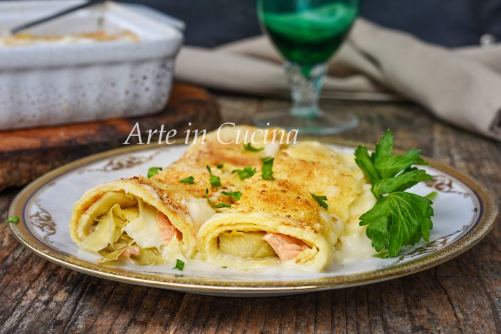 Cannelloni di crepes salmone e carciofi