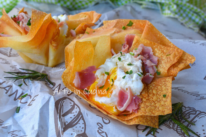 Cestini di fillo con uova e prosciutto antipasto