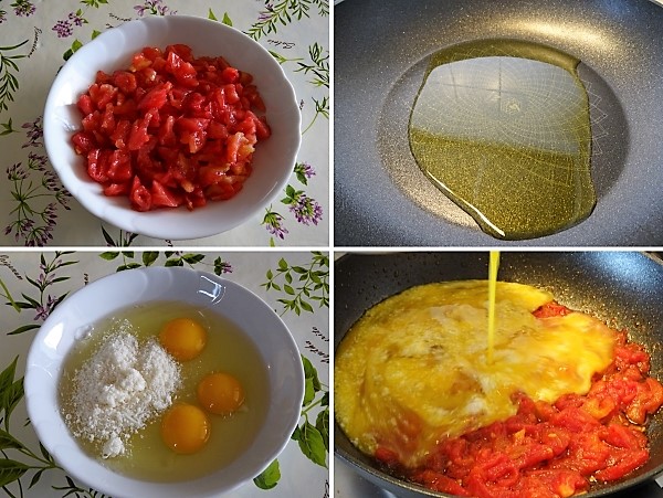Preparazione delle uova strapazzate al pomodoro fresco