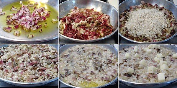 preparazione del risotto con radicchi pancetta e scamorza