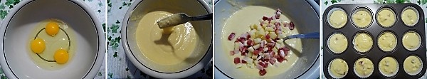 preparazione dei muffin salati rustici con formaggio e pancetta