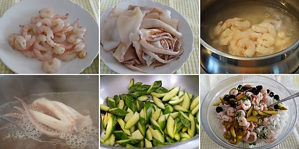 Preparazione della insalata di riso con totani gamberi e verdure
