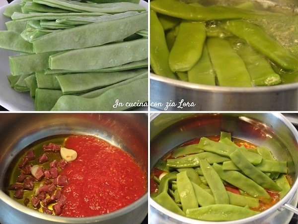 Preparazione dei fagiolini piattoni o taccole al pomodoro satoriti